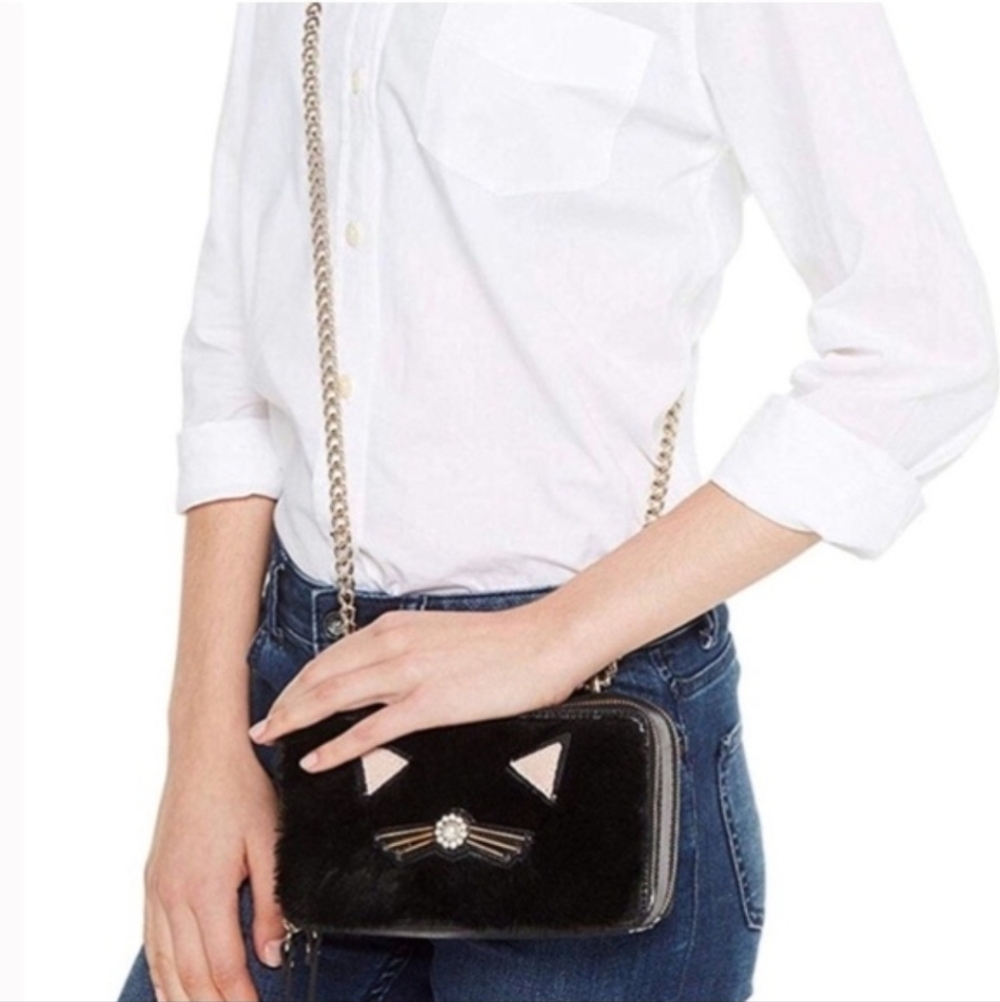 KATE SPADE Marigold Brighton Lane Black Cat Crossbody Purse Fuzzy